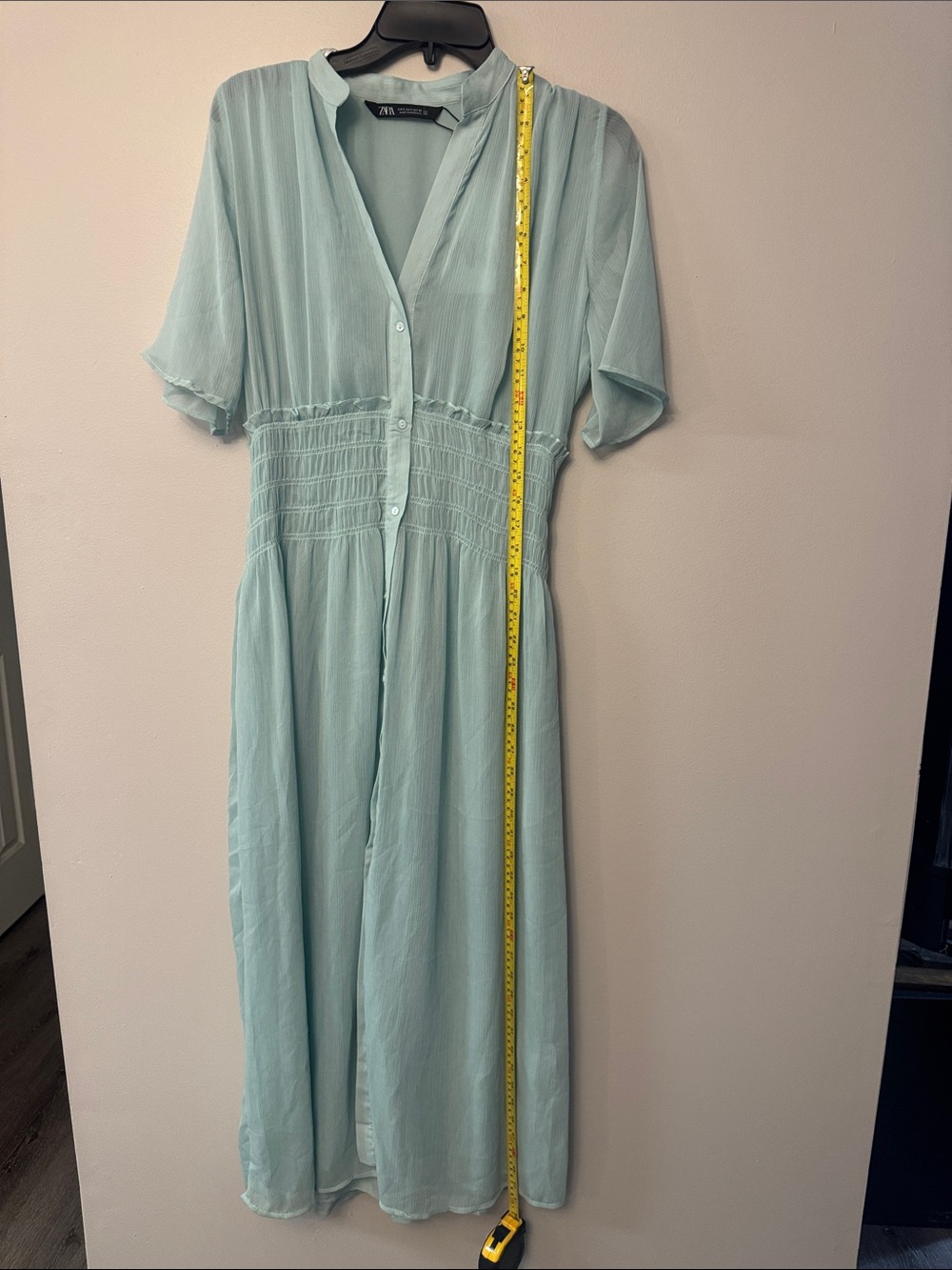 NWT Zara Elastic Detail V-neck midi button Dress Mint color - Picture 6 of 8